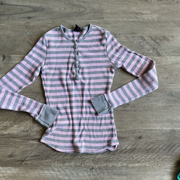 Gap Long Sleeve Waffle Knit Girls Small Stripe Shirt Gray and Pink - Picture 1 of 6